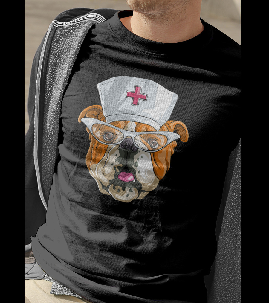 English Bulldog Nurse Hat Glasses Dog T-Shirt