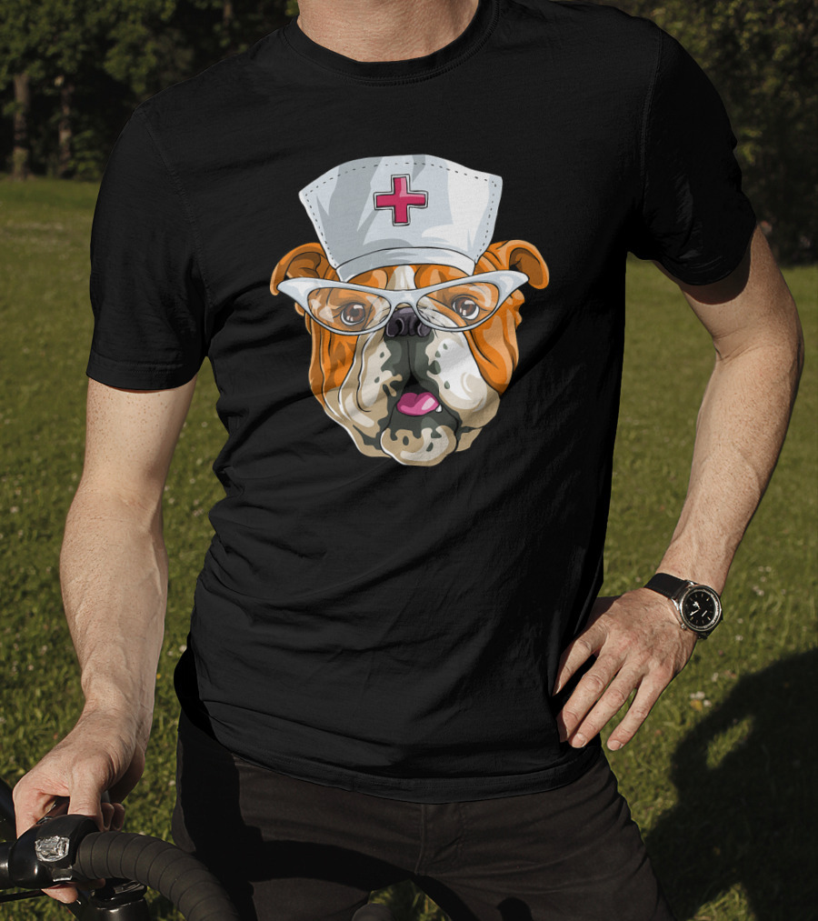 English Bulldog Nurse Hat Glasses Dog T-Shirt