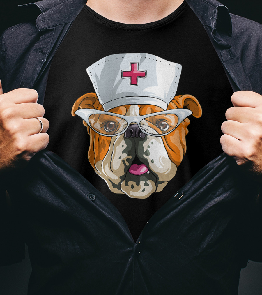 English Bulldog Nurse Hat Glasses Dog T-Shirt