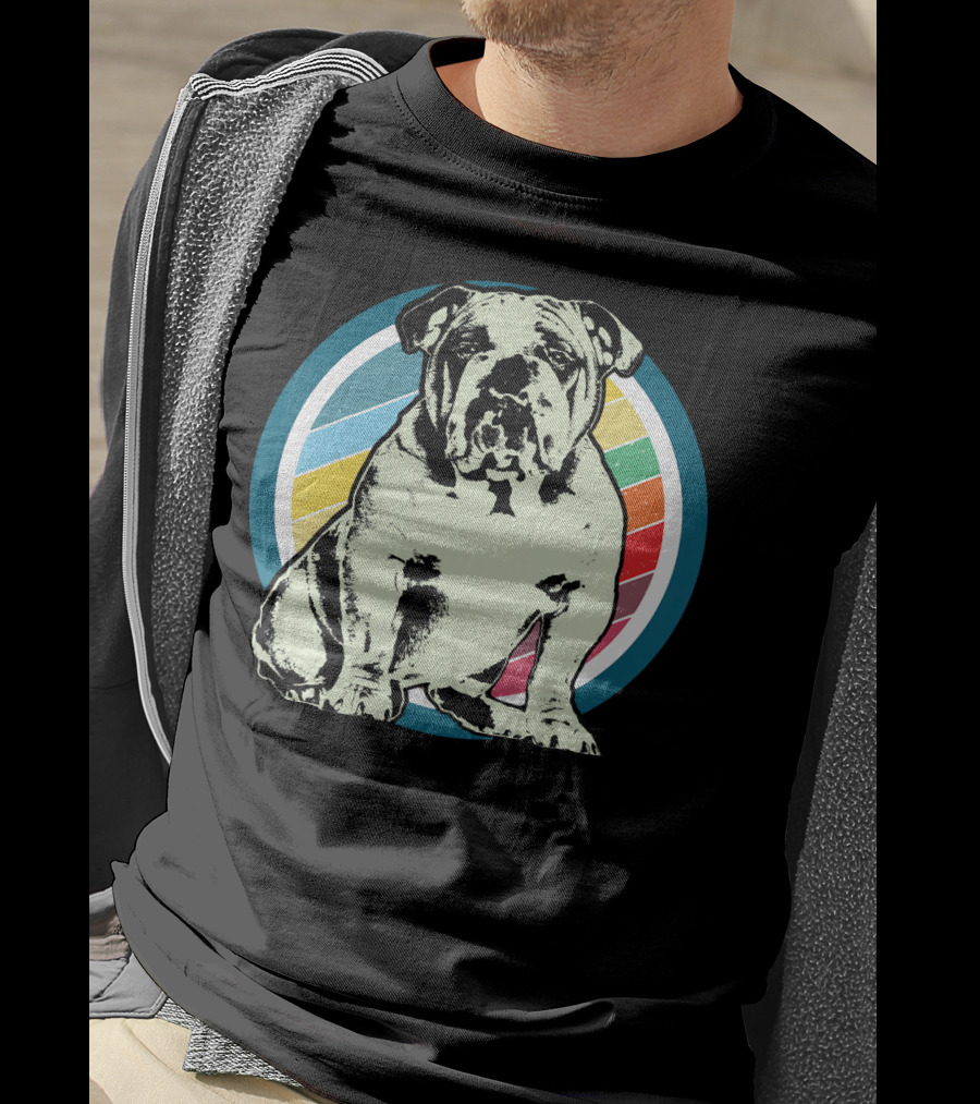 English Bulldog Retro Style Rainbow Circle T-Shirt