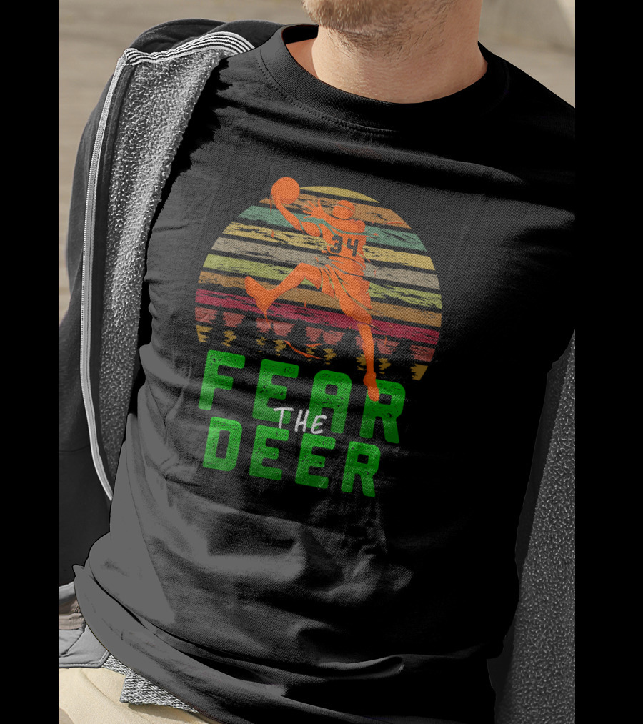 Fear The Deer 34 Milwaukee Basketball Retro Sunset Forest Jumper T-Shirt