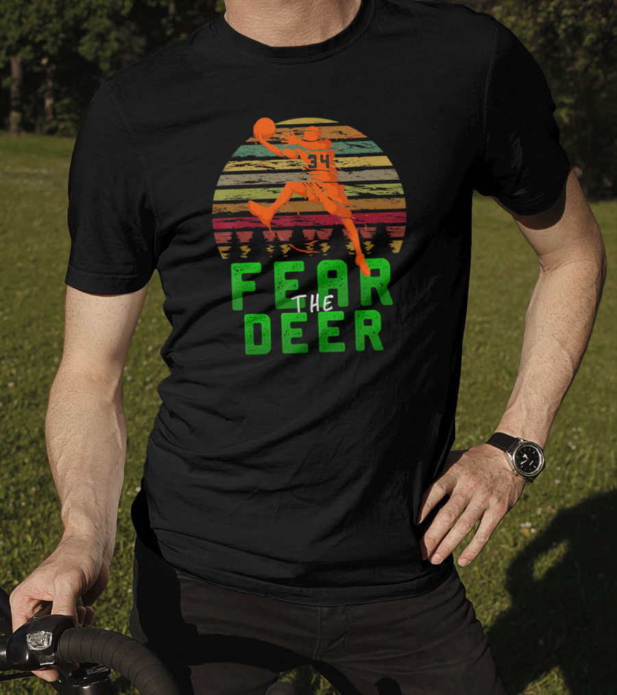 Fear The Deer 34 Milwaukee Basketball Retro Sunset Forest Jumper T-Shirt