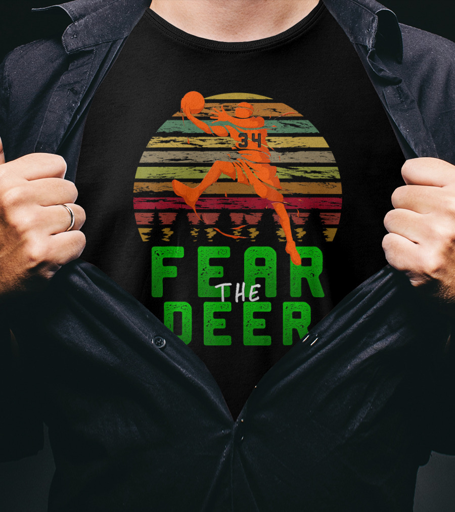 Fear The Deer 34 Milwaukee Basketball Retro Sunset Forest Jumper T-Shirt