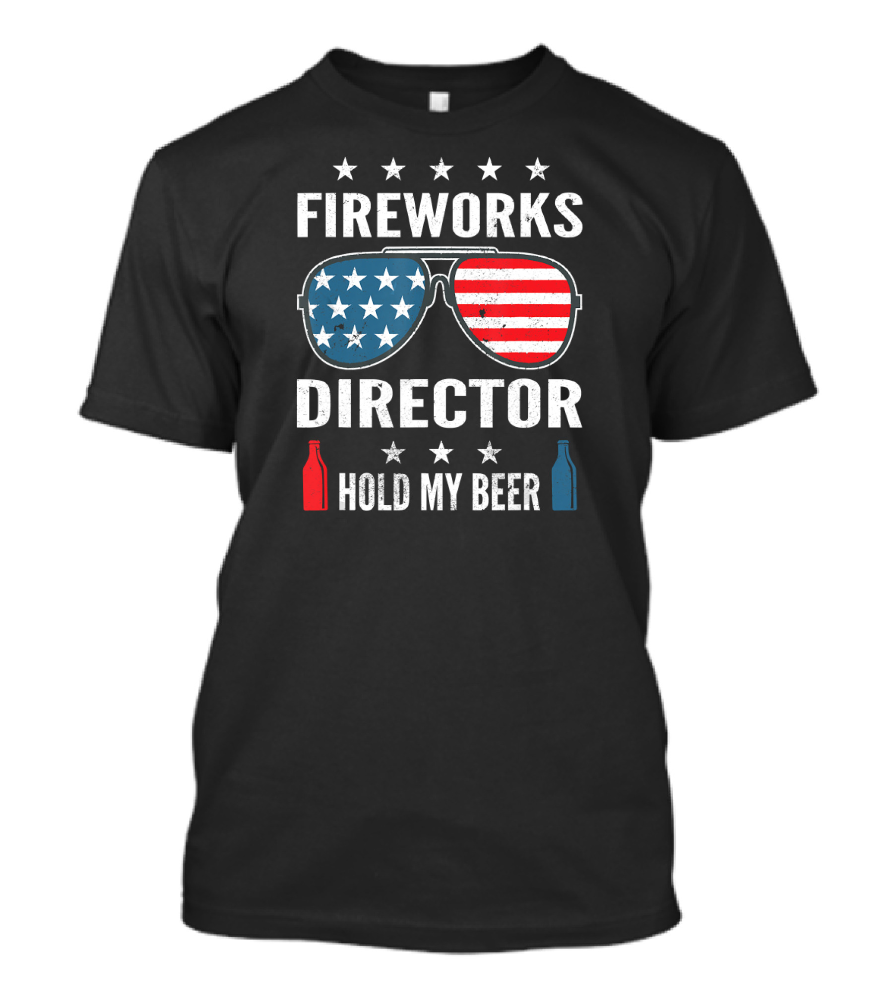 Fireworks Director Hold My Beer American Flag Sunglasses With Stars And Beer Bottles T-Shirt