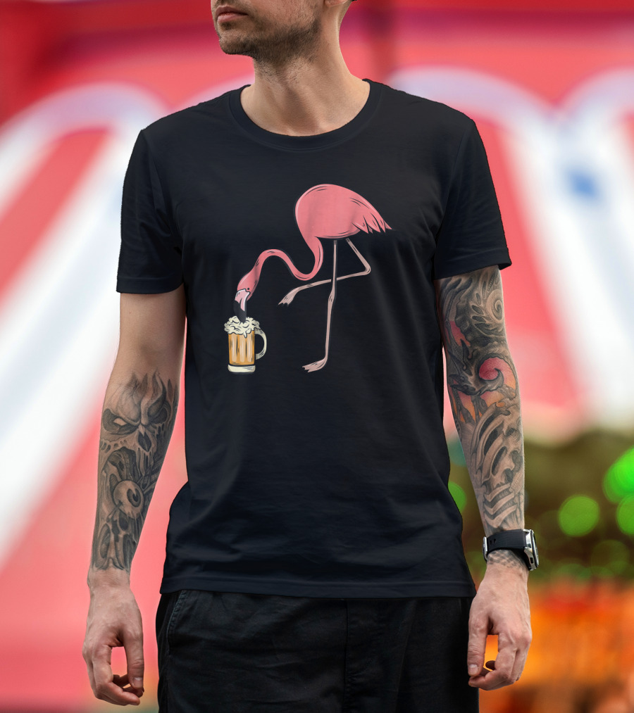 Funny Pink Flamingo Drinking Beer Illustrative Humor T-Shirt
