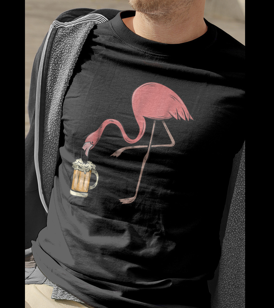 Funny Pink Flamingo Drinking Beer Illustrative Humor T-Shirt