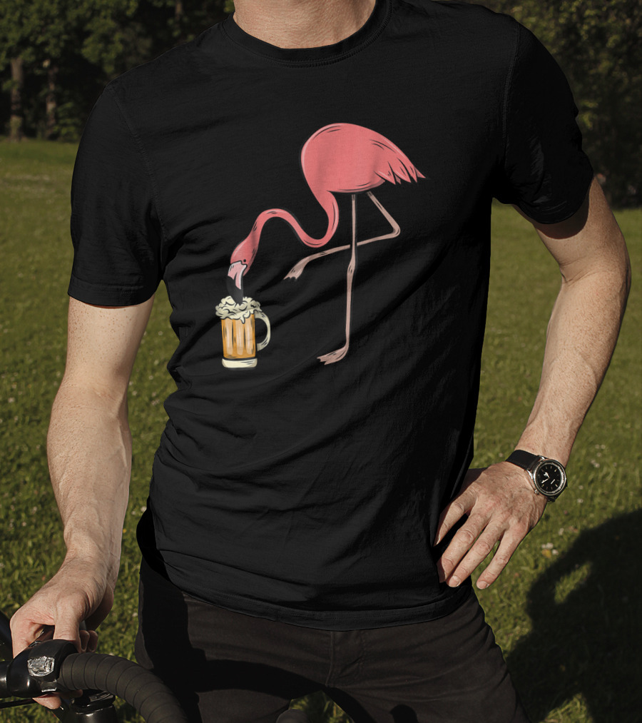 Funny Pink Flamingo Drinking Beer Illustrative Humor T-Shirt