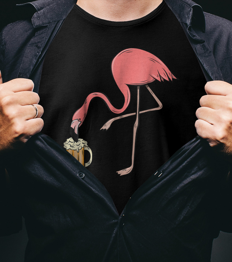 Funny Pink Flamingo Drinking Beer Illustrative Humor T-Shirt