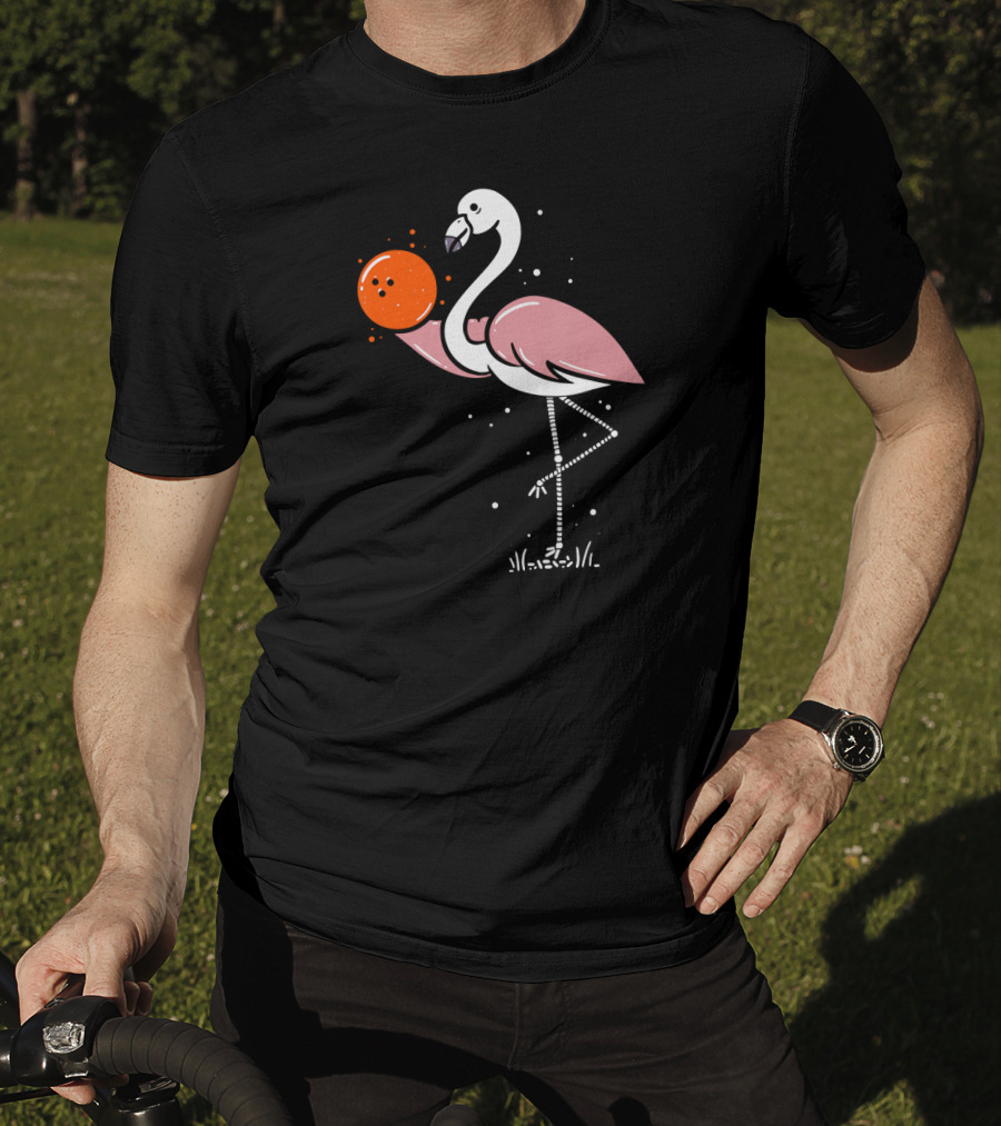Flamingo Balancing Orange Bowling Ball T-Shirt