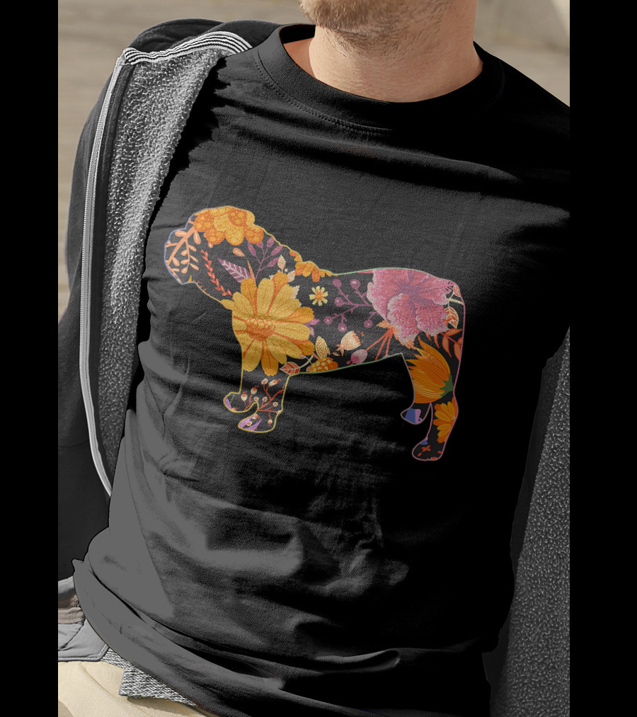 Floral Flower Vintage Bulldog Silhouette With Colorful Botanical T-Shirt