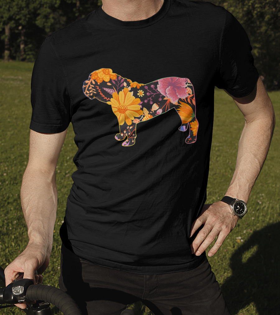Floral Flower Vintage Bulldog Silhouette With Colorful Botanical T-Shirt