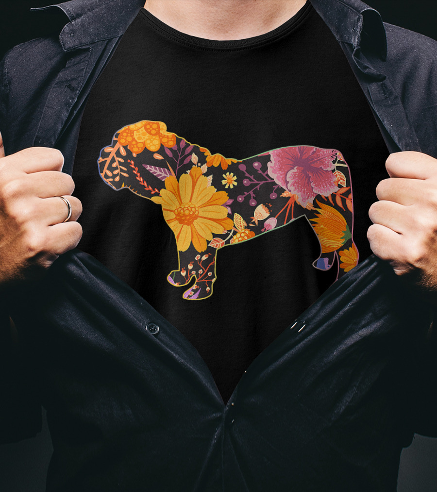 Floral Flower Vintage Bulldog Silhouette With Colorful Botanical T-Shirt