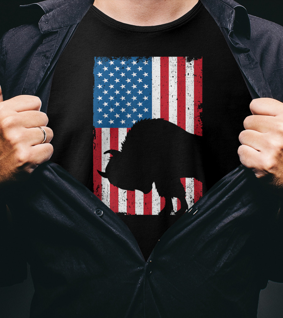 Fourth Of July Bison Patriot American Flag Silhouette Independence Day T-Shirt