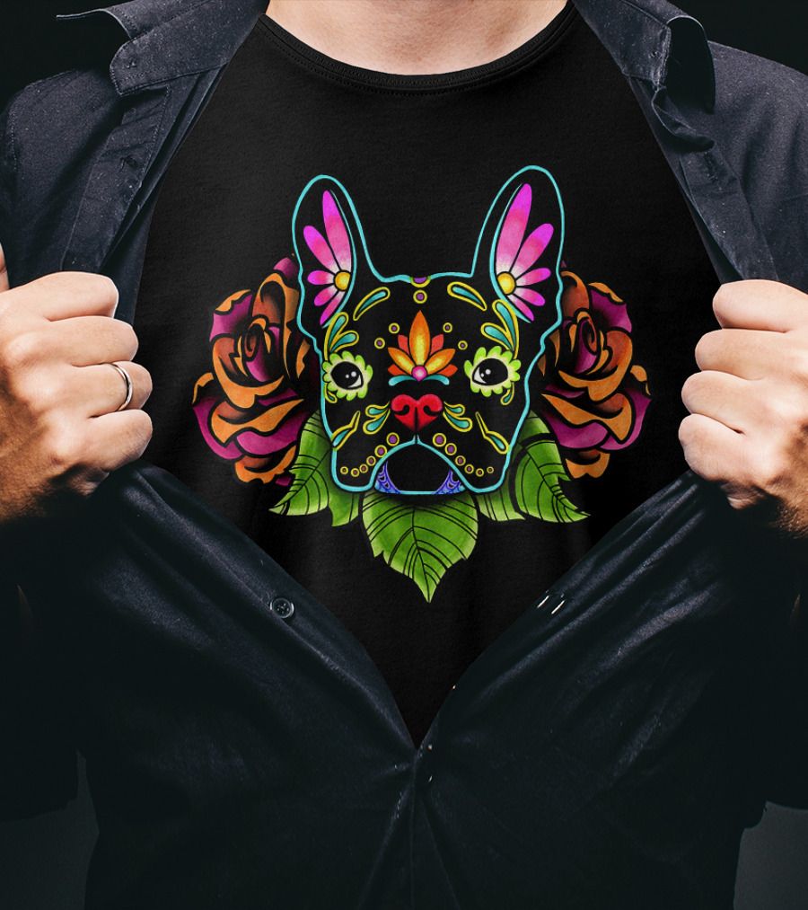 French Bulldog Colorful Day Of The Dead Floral Roses T-Shirt