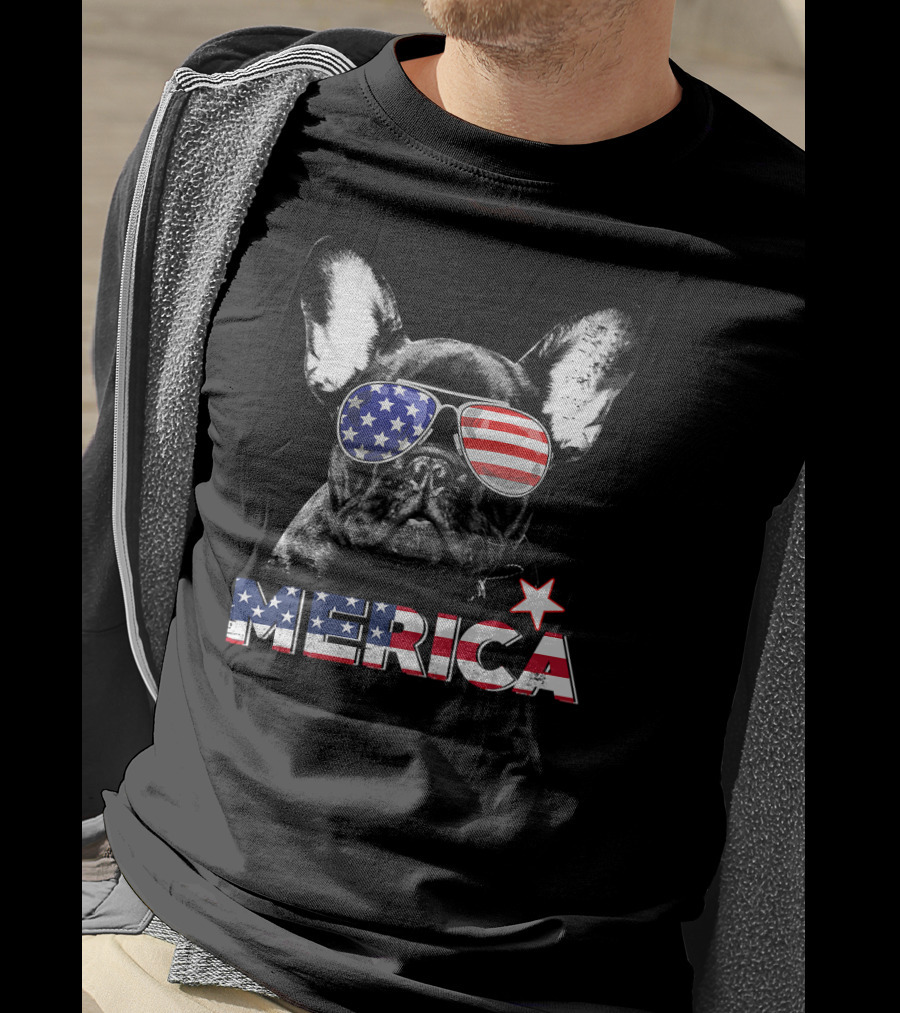 French Bulldog Merica Patriotic Star-Spangled Sunglasses USA T-Shirt