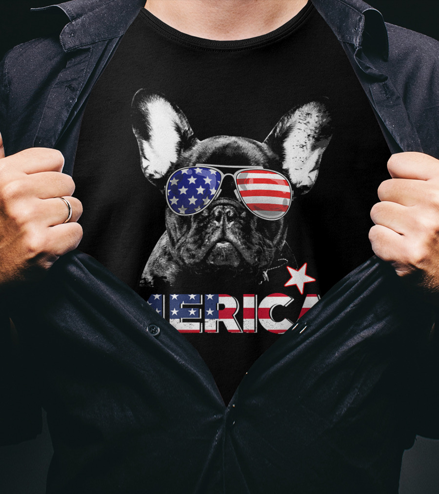French Bulldog Merica Patriotic Star-Spangled Sunglasses USA T-Shirt