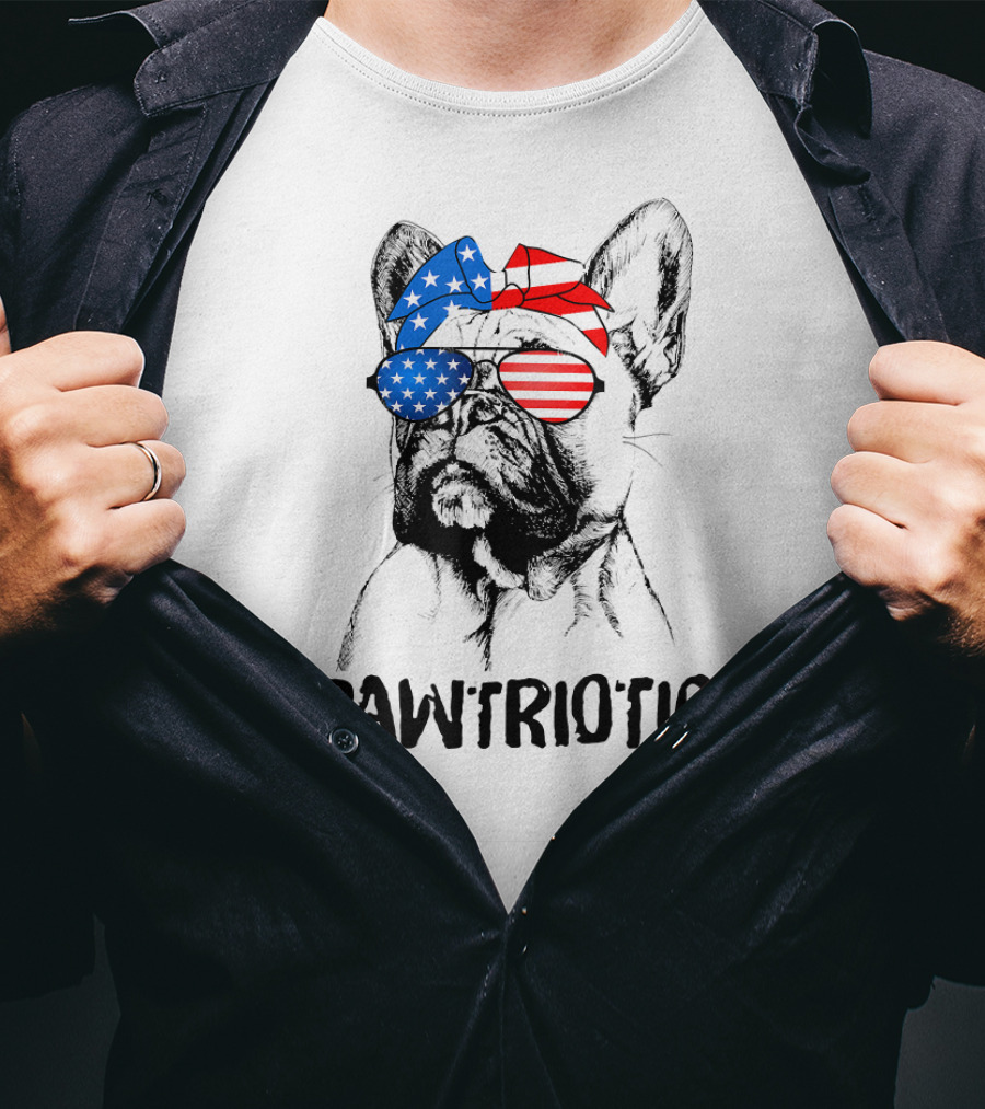 Pawtriotic French Bulldog With American Flag Bandana And Sunglasses T-Shirt