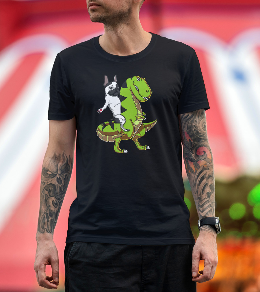 French Bulldog Riding T-Rex Dinosaur Adventure T-Shirt