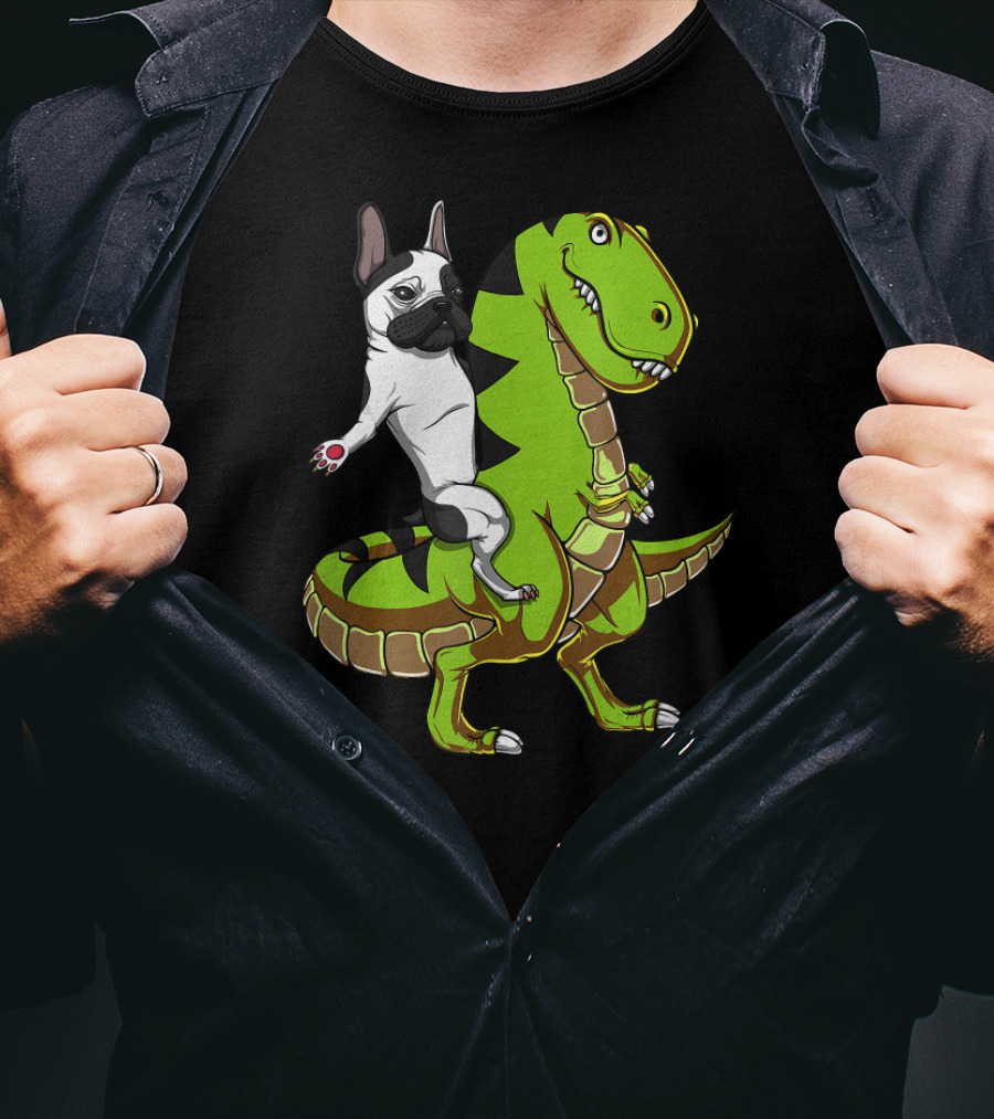 French Bulldog Riding T-Rex Dinosaur Adventure T-Shirt