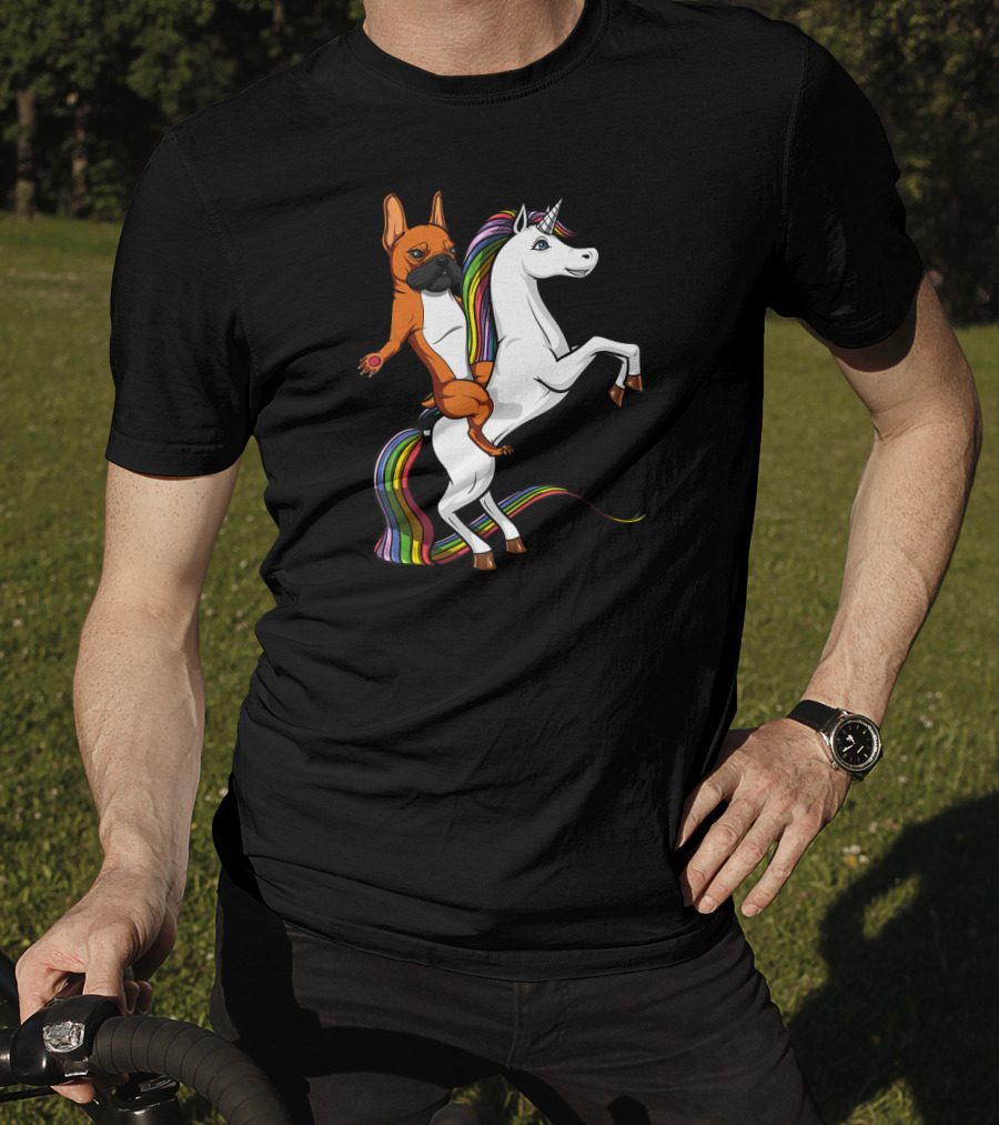 French Bulldog Riding Rainbow Unicorn Funny Dog T-Shirt
