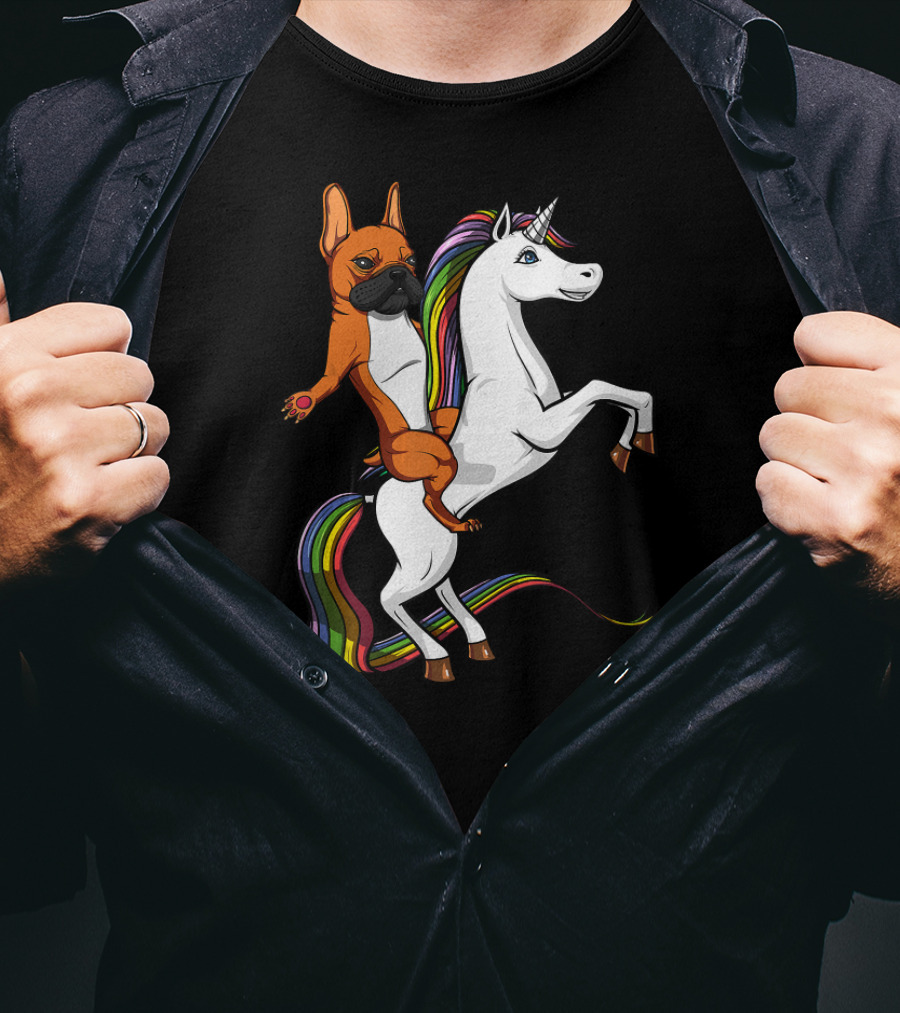 French Bulldog Riding Rainbow Unicorn Funny Dog T-Shirt