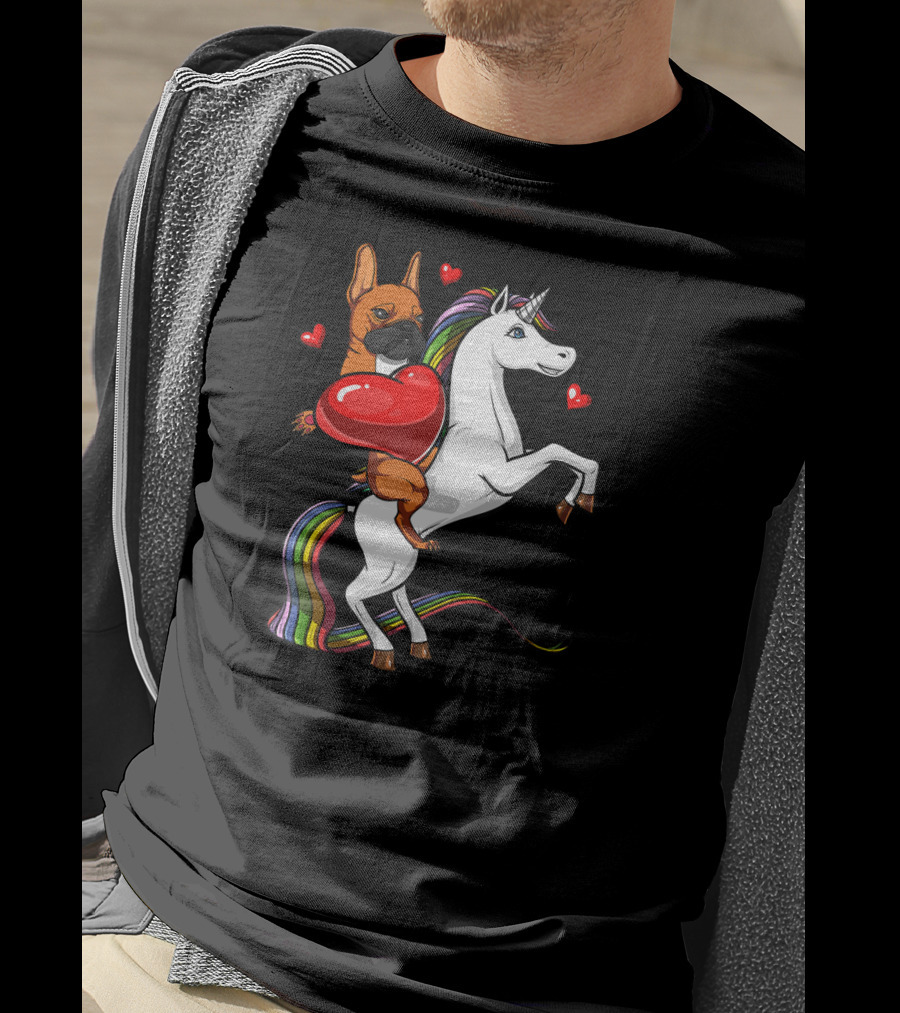 French Bulldog With Heart On Rainbow Unicorn Valentine's T-Shirt