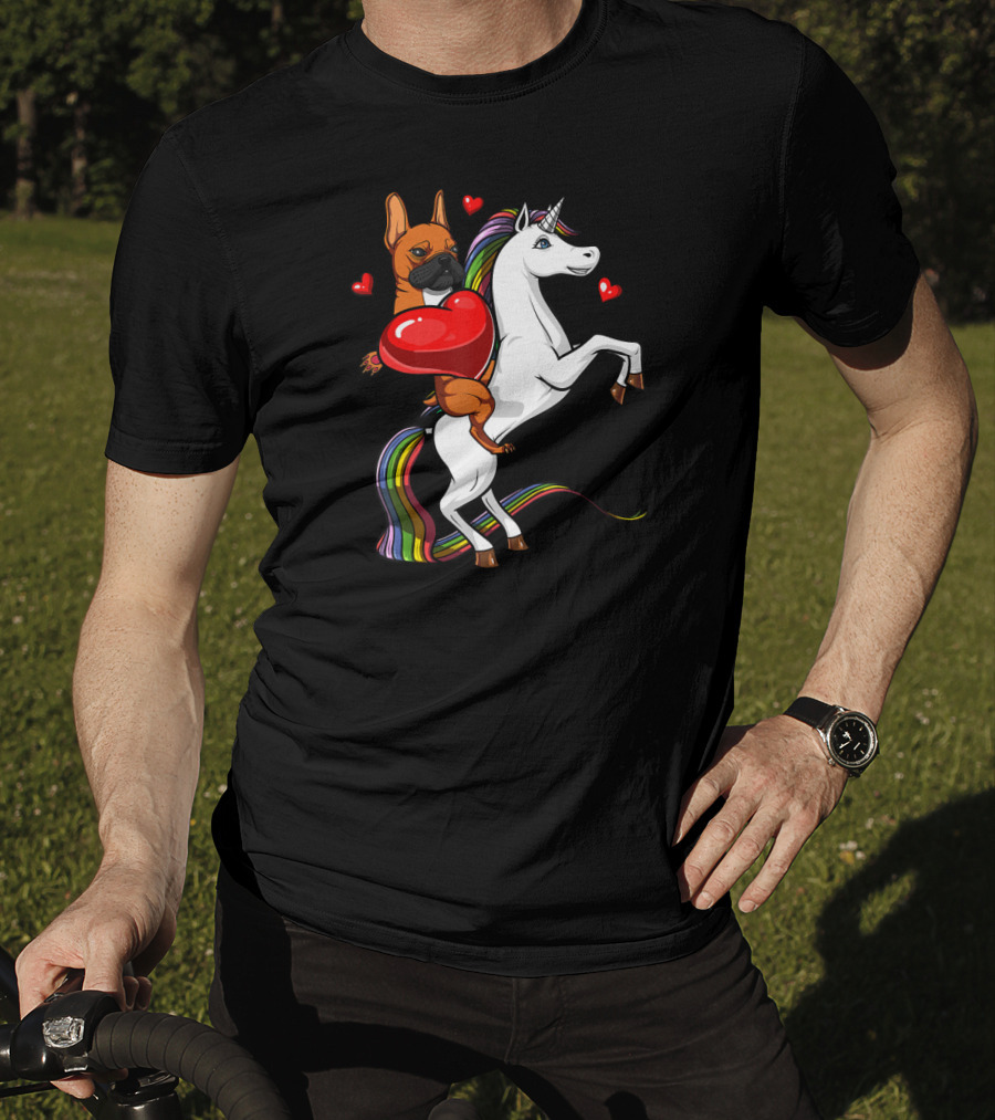 French Bulldog With Heart On Rainbow Unicorn Valentine's T-Shirt