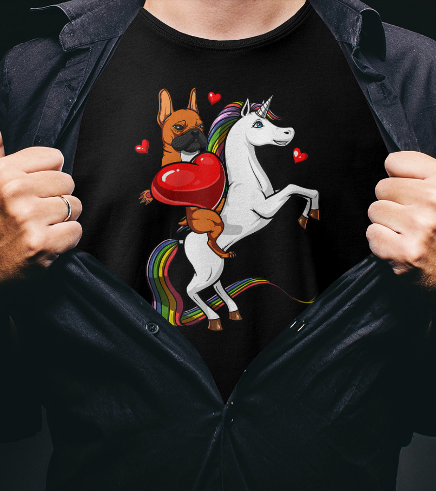 French Bulldog With Heart On Rainbow Unicorn Valentine's T-Shirt