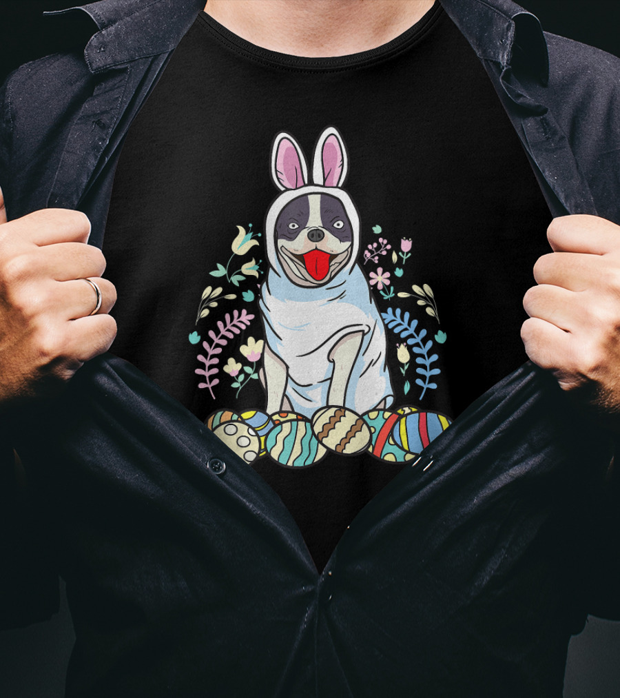 French Bulldog Bunny Ears Easter Eggs Floral Co T-Shirt