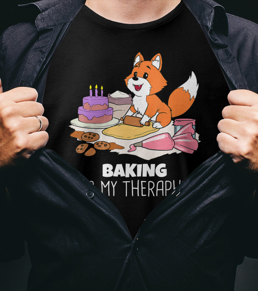 Funny Fox Baking Is My Therapy Doug T-Shirt