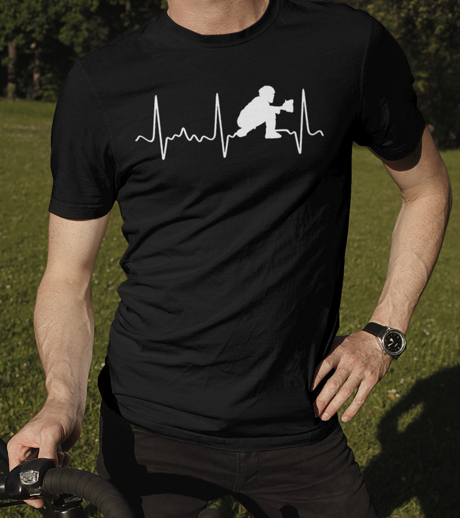 Baseball Catcher Silhouette Heartbeat Line T-Shirt