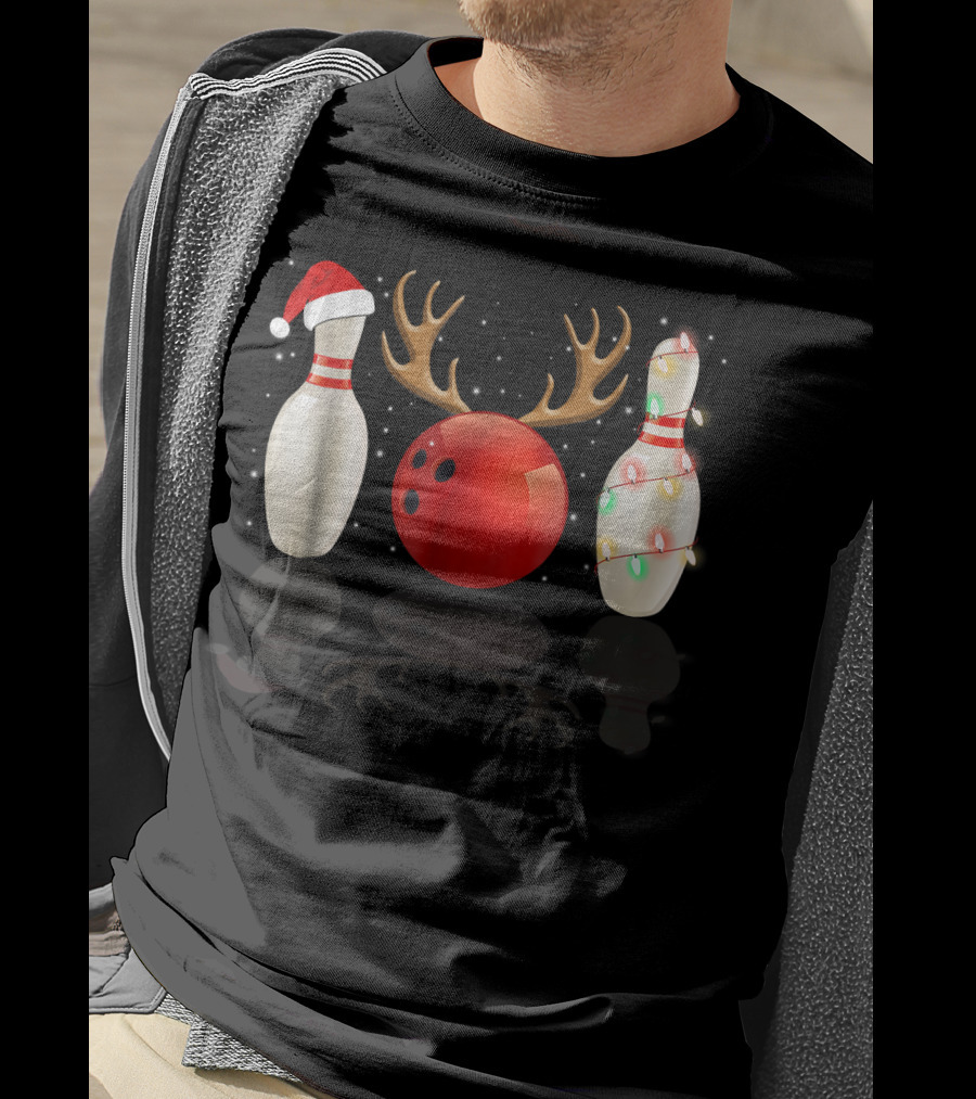 Reindeer Antlers Bowling Ball Santa Hat Christmas Lights Bowling Pins Funny Holiday Bowling T-Shirt