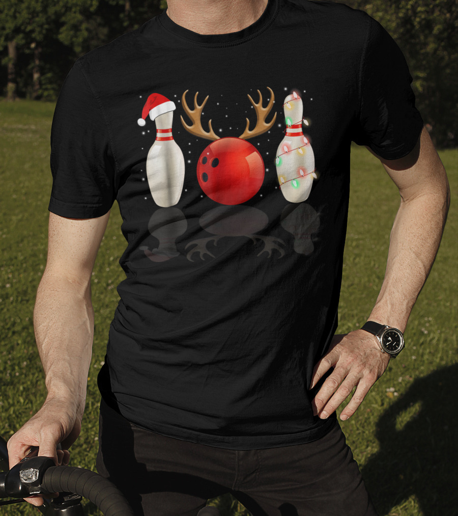 Reindeer Antlers Bowling Ball Santa Hat Christmas Lights Bowling Pins Funny Holiday Bowling T-Shirt