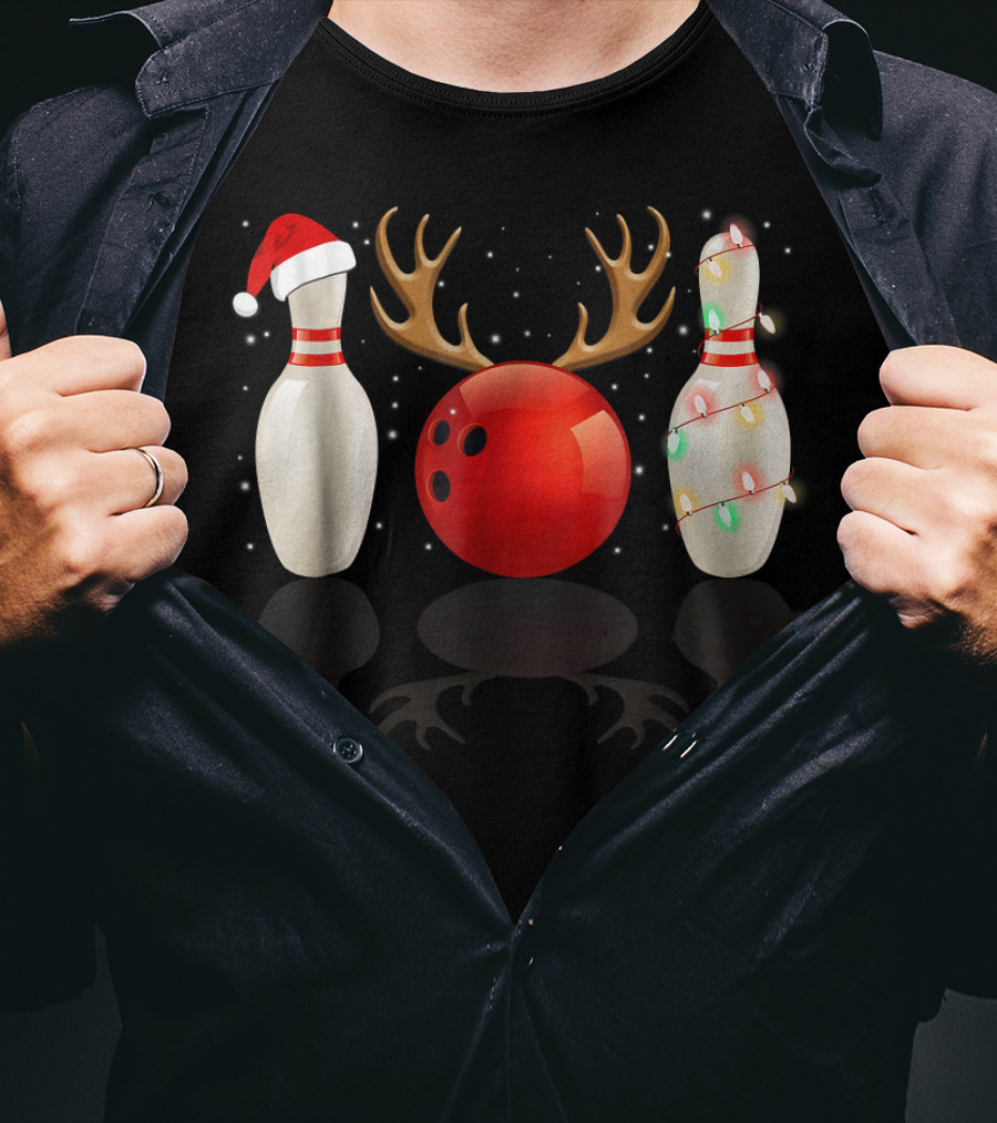 Reindeer Antlers Bowling Ball Santa Hat Christmas Lights Bowling Pins Funny Holiday Bowling T-Shirt