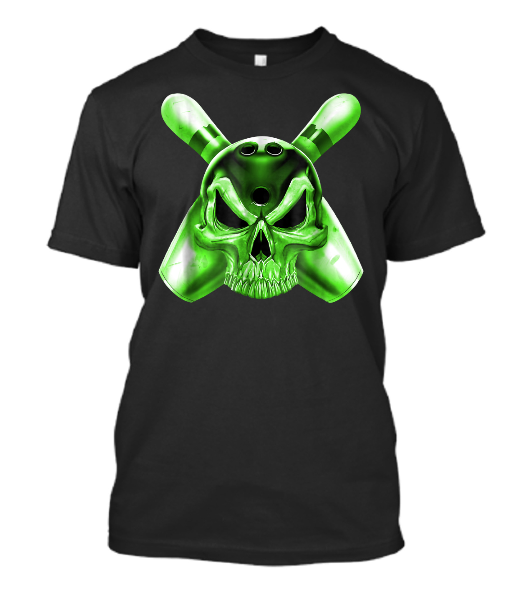 Bowling Skull Crossed Pins Green T-Shirt