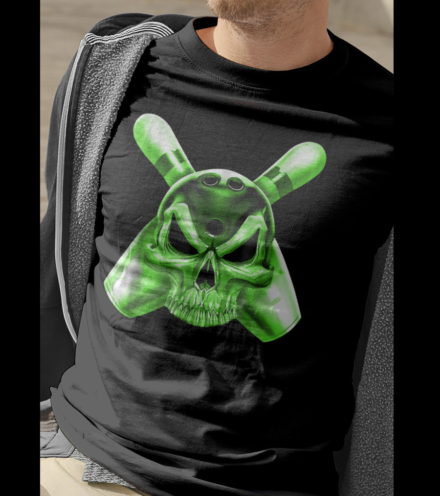 Bowling Skull Crossed Pins Green T-Shirt