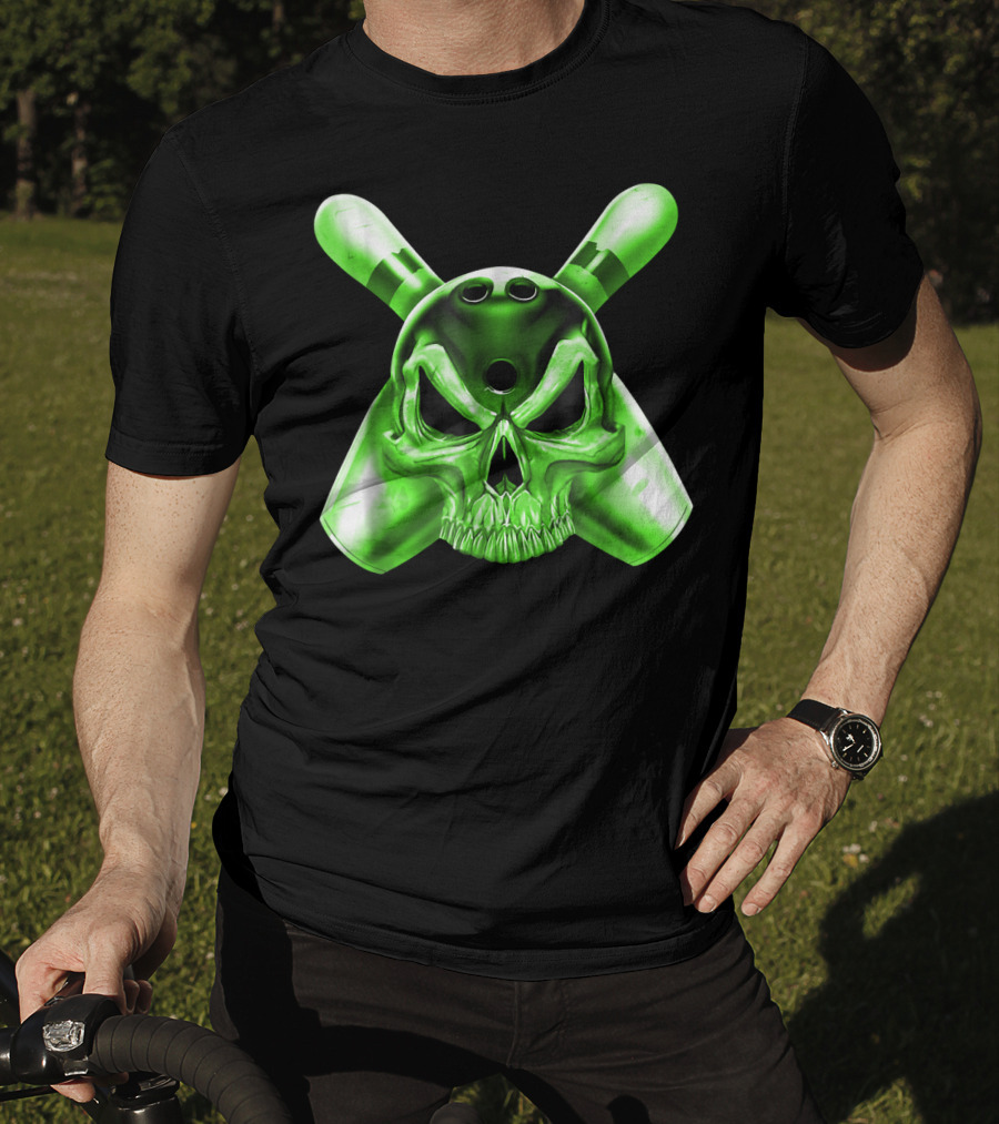 Bowling Skull Crossed Pins Green T-Shirt