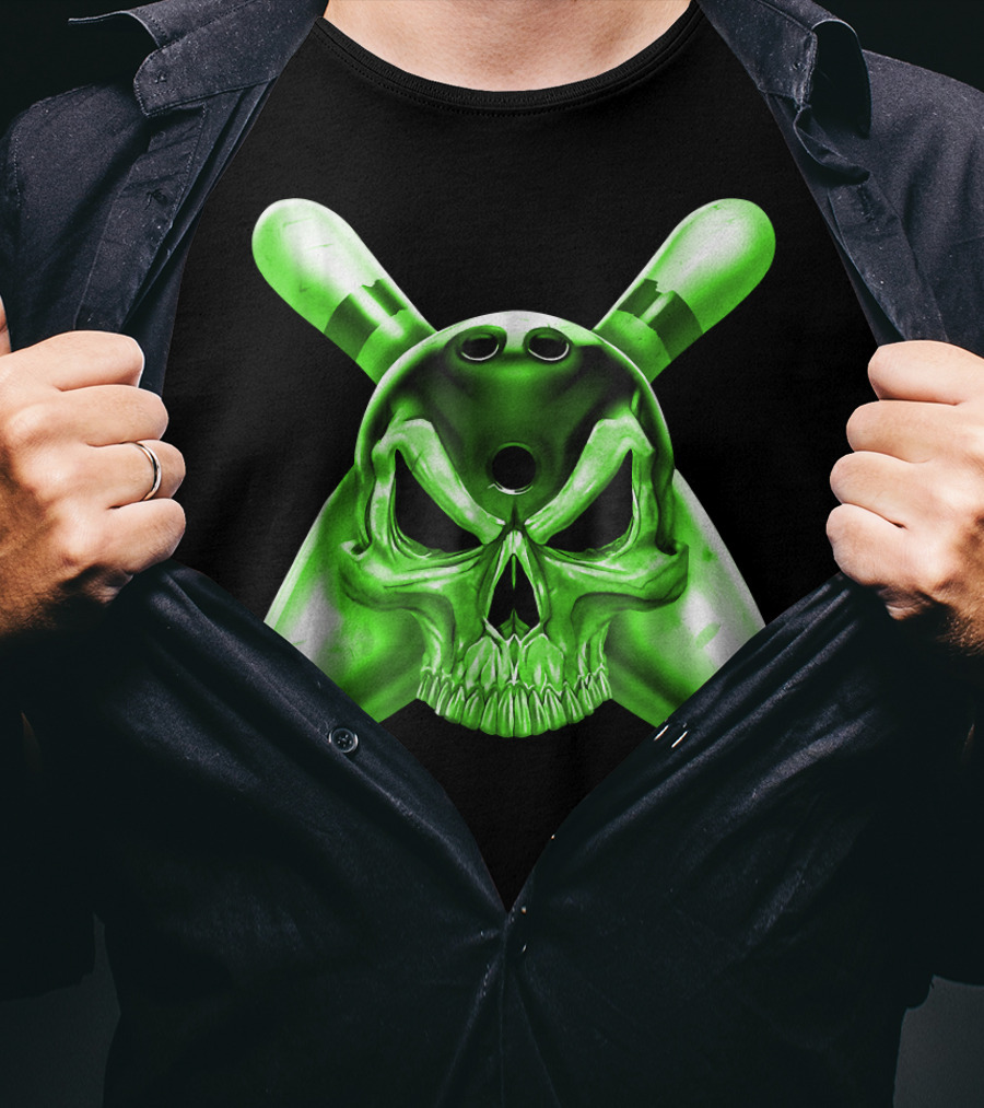 Bowling Skull Crossed Pins Green T-Shirt
