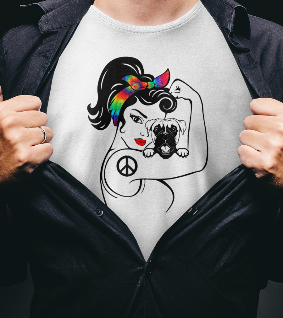 Peace Symbol Hippie Boxer Mom And Dog Lovers Retro T-Shirt