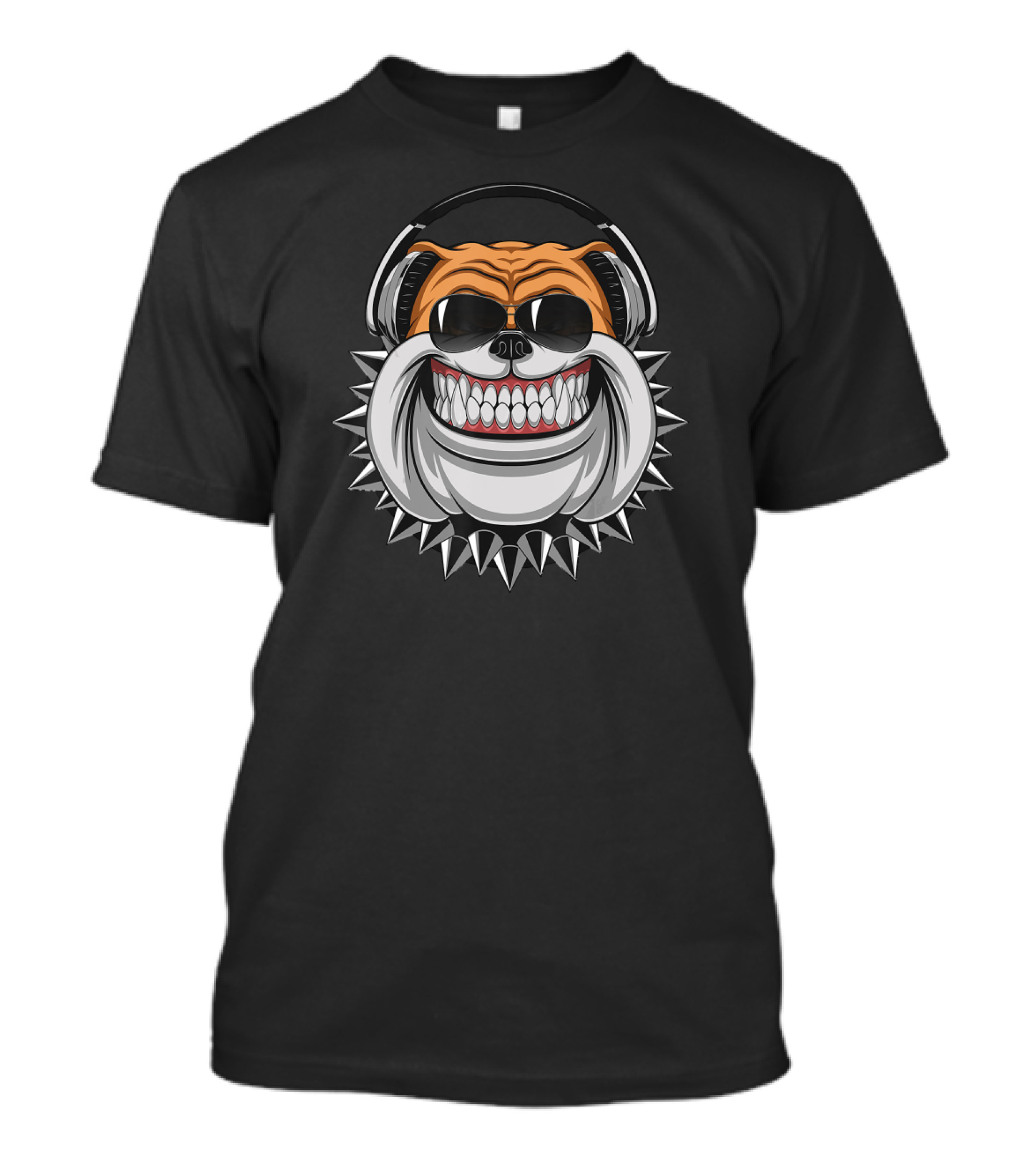 Funny Bulldog Wearing Headphones With Spiked Collar And Big Grin T-Shirt