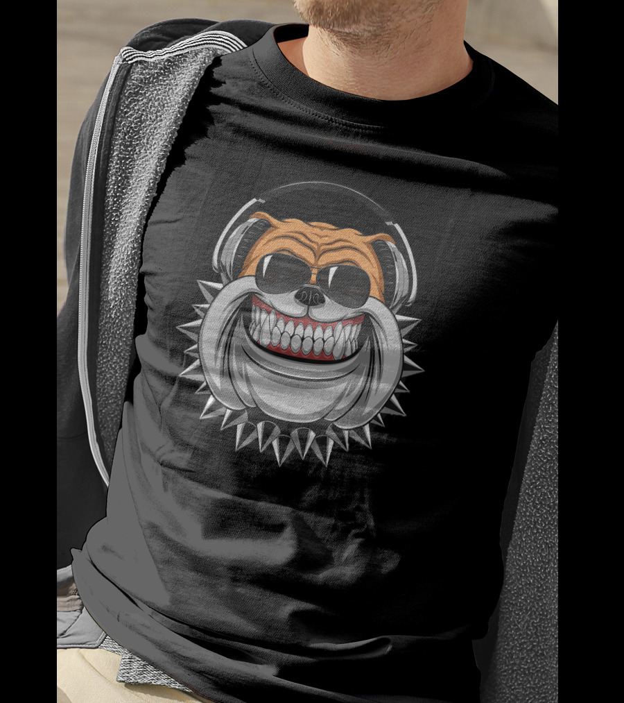 Funny Bulldog Wearing Headphones With Spiked Collar And Big Grin T-Shirt