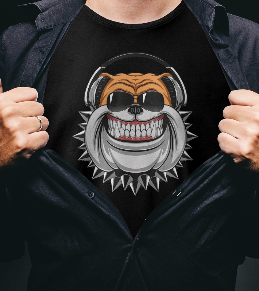 Funny Bulldog Wearing Headphones With Spiked Collar And Big Grin T-Shirt