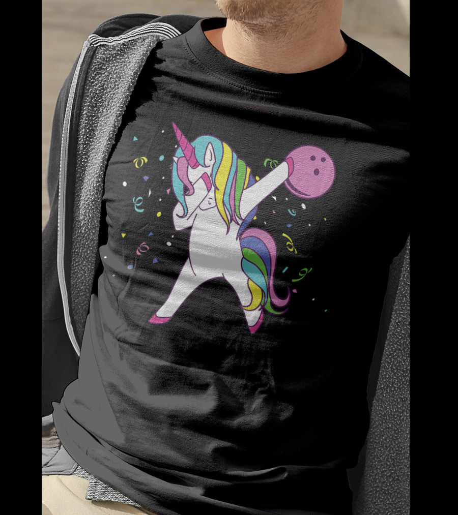 Funny Dabbing Unicorn With Colorful Bowling Ball And Confetti T-Shirt