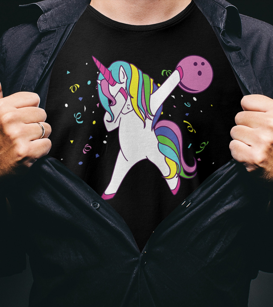 Funny Dabbing Unicorn With Colorful Bowling Ball And Confetti T-Shirt
