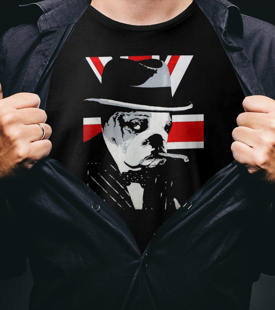 Funny English Bulldog Smoking Cigar Wearing Hat With Union Jack Background T-Shirt