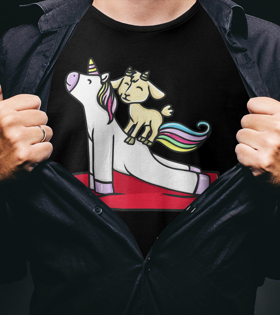 Goat Balancing On Yoga Unicorn Rainbow Mane T-Shirt