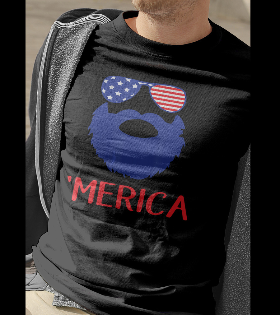 'Merica Beard With American Flag Sunglasses T-Shirt