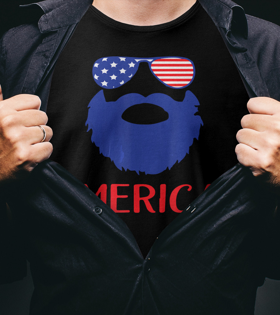 'Merica Beard With American Flag Sunglasses T-Shirt