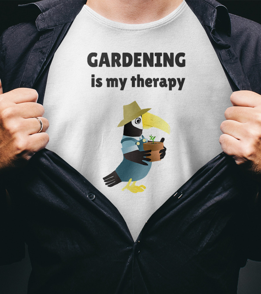 Gardening Is My Therapy Toucan In Hat Holding Plant T-Shirt