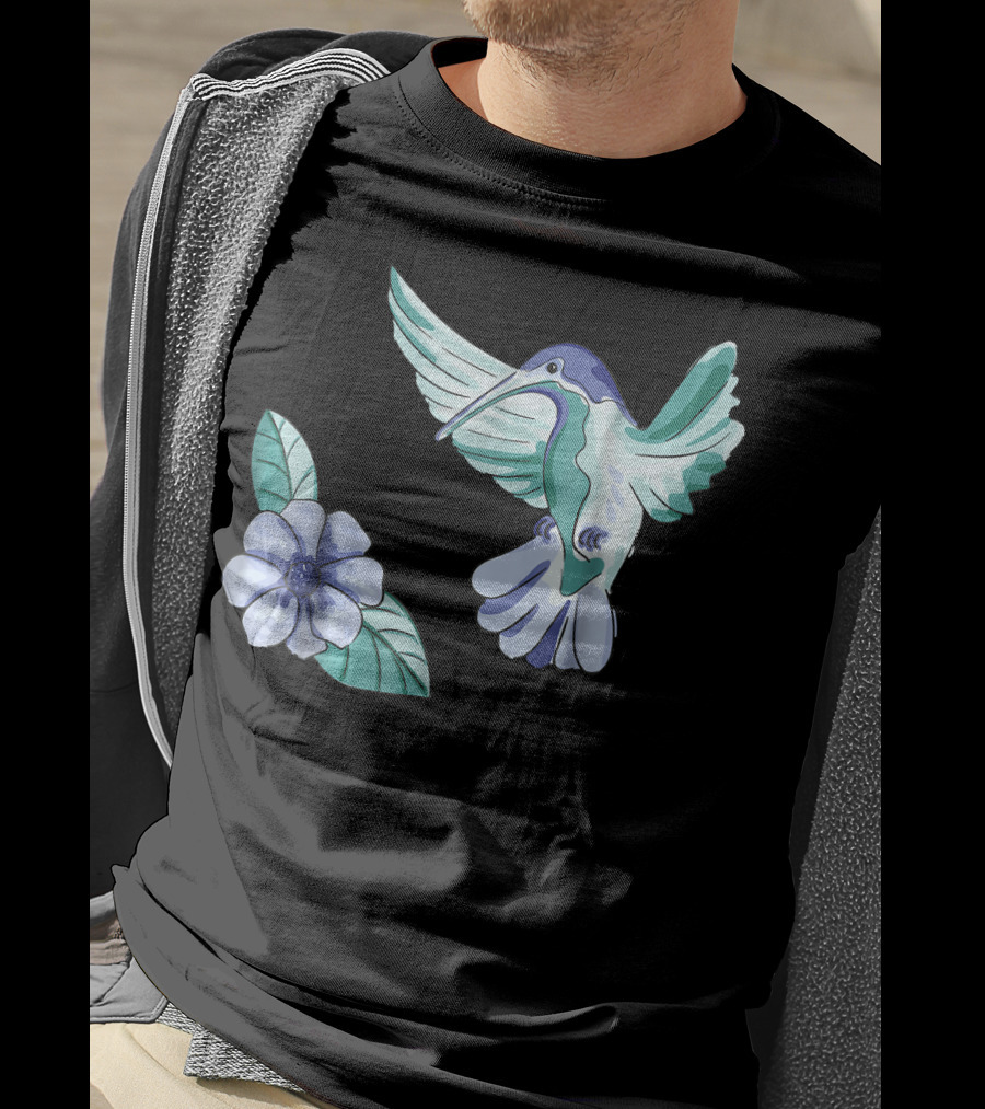 Green And Blue Hummingbird With White And Blue Flower T-Shirt